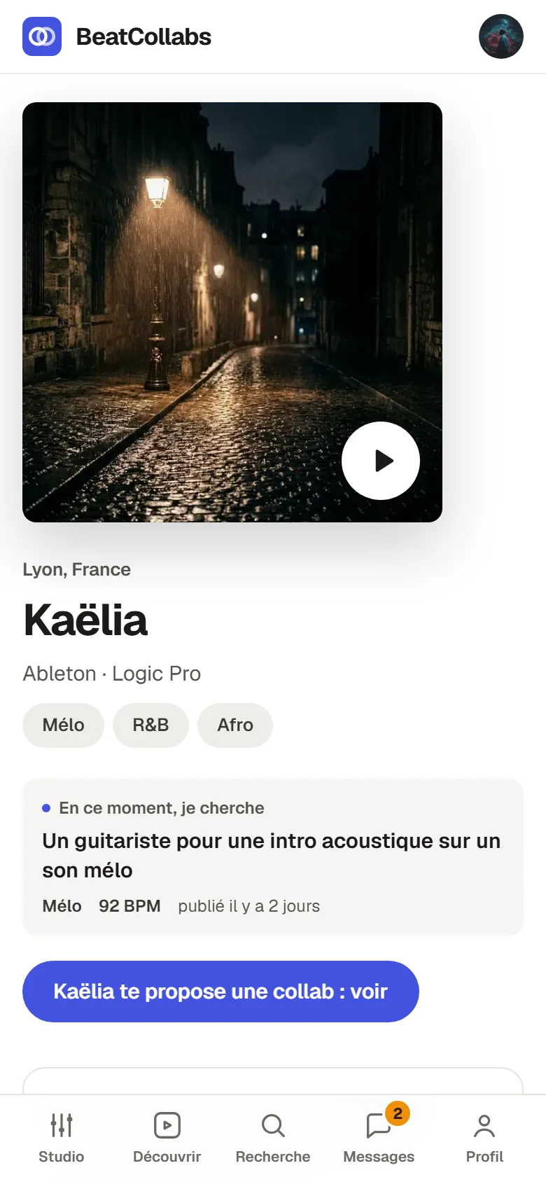 Fiche d'un profil d'exemple avec son besoin du moment : un guitariste pour une intro acoustique sur un son mélo.