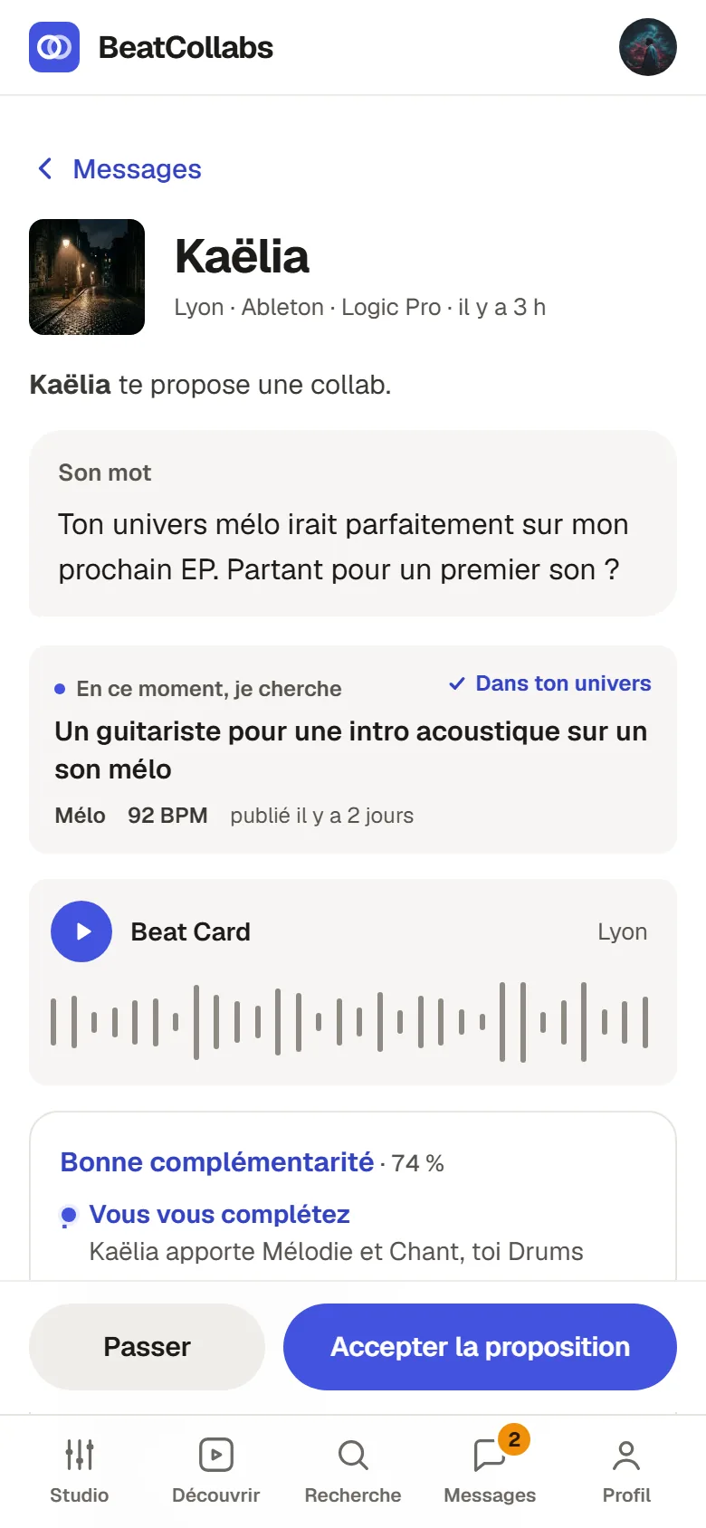 Écran d'une proposition reçue : le mot de la personne, son besoin du moment, sa Beat Card et le détail de la complémentarité.