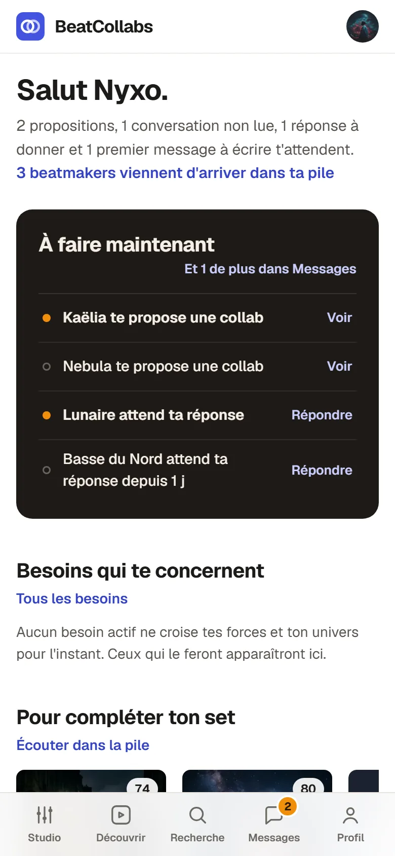 Écran Studio : la liste À faire maintenant avec les propositions reçues et les réponses attendues.